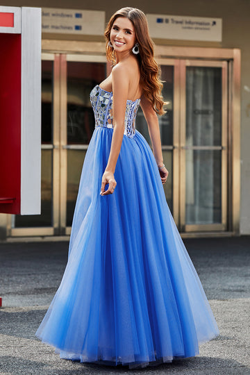 Royal Blue A-Line Sweetheart Broken Mirrors Corsetto senza spalline Abito da ballo lungo